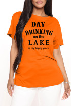 Orange Plus Size Casual Letter Print Basic O Neck T-Shirts