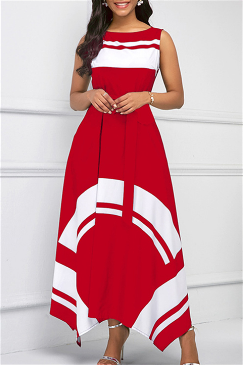 

Red Fashion Casual Print Asymmetrical O Neck Sleeveless Dress