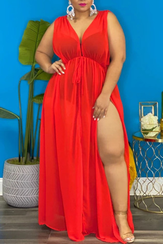 Red Fashion Sexy Plus Size Solid See-through Slit V Neck Sleeveless Dress