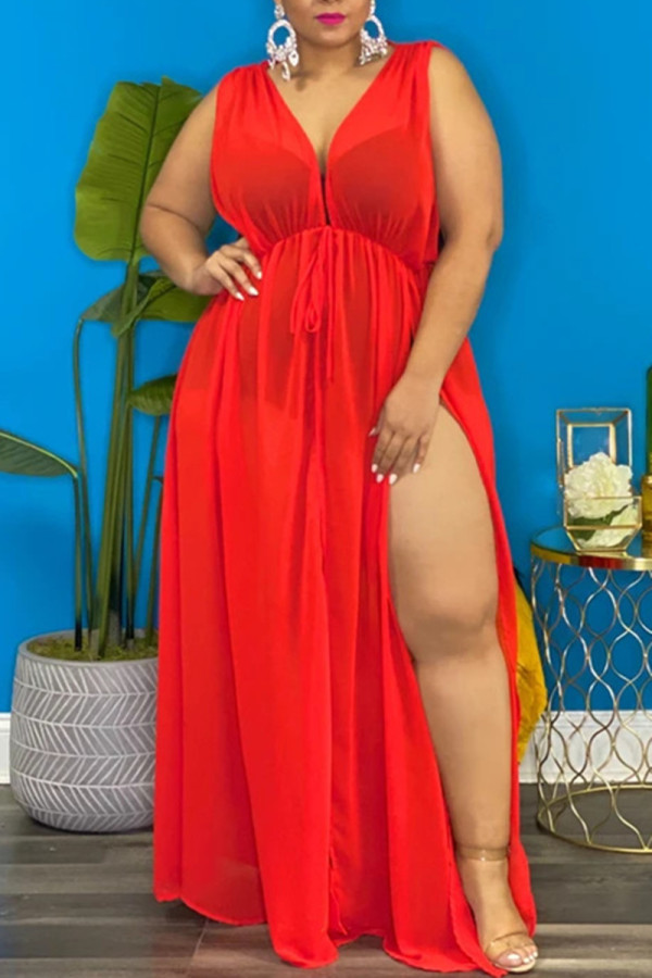 Vestido sin mangas con cuello en V y abertura transparente transparente de talla grande sexy de moda roja