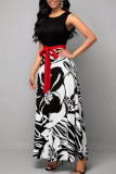Zwarte mode casual print patchwork met riem O-hals mouwloze jurk