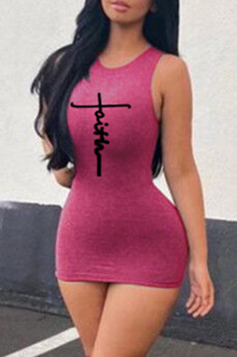 Pink Purple Fashion Casual Print Basic O Neck Sleeveless Dress