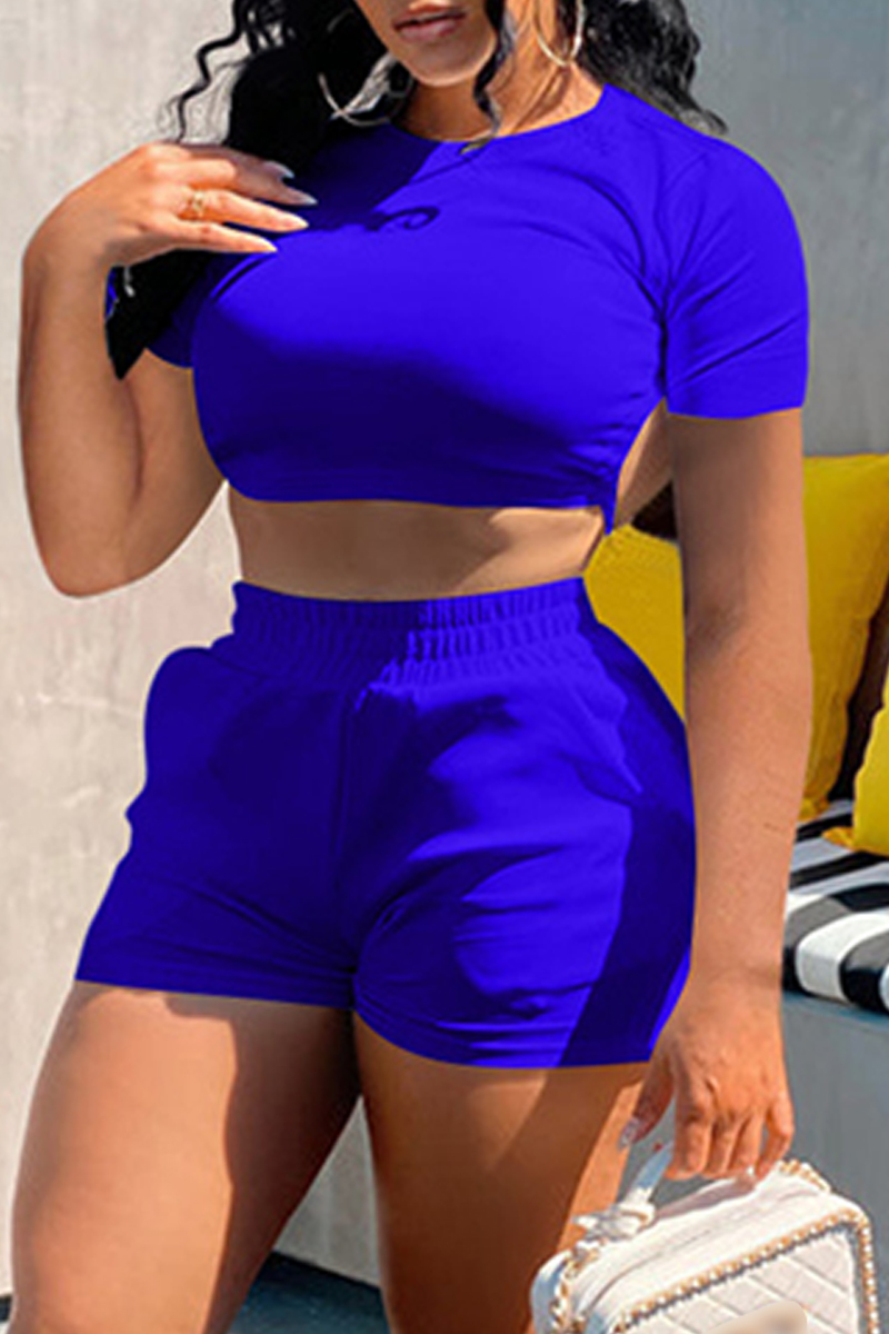 

Blue Fashion Casual Solid Bandage Backless O Neck Short Sleeve Two Pieces