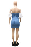Blå Mode Sexig Casual Solid Bandage Patchwork Rygglös kortärmad klänning