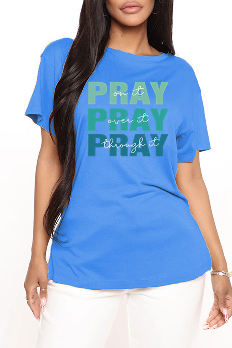 

Deep Blue Fashion Casual Letter Print Basic O Neck T-Shirts