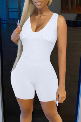 White Fashion Solid Patchwork U Neck Sleeveless Two Pieces