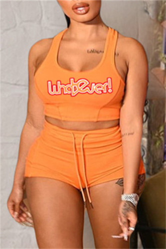 Orange Fashion Casual Letter Print Basic U Neck Sleeveless Two Pieces