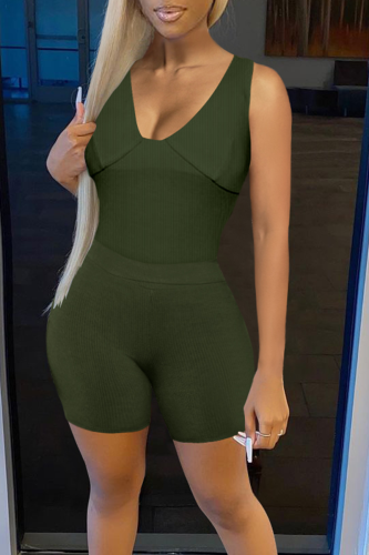 Army Green Fashion Solid Patchwork U Neck Sleeveless Two Pieces