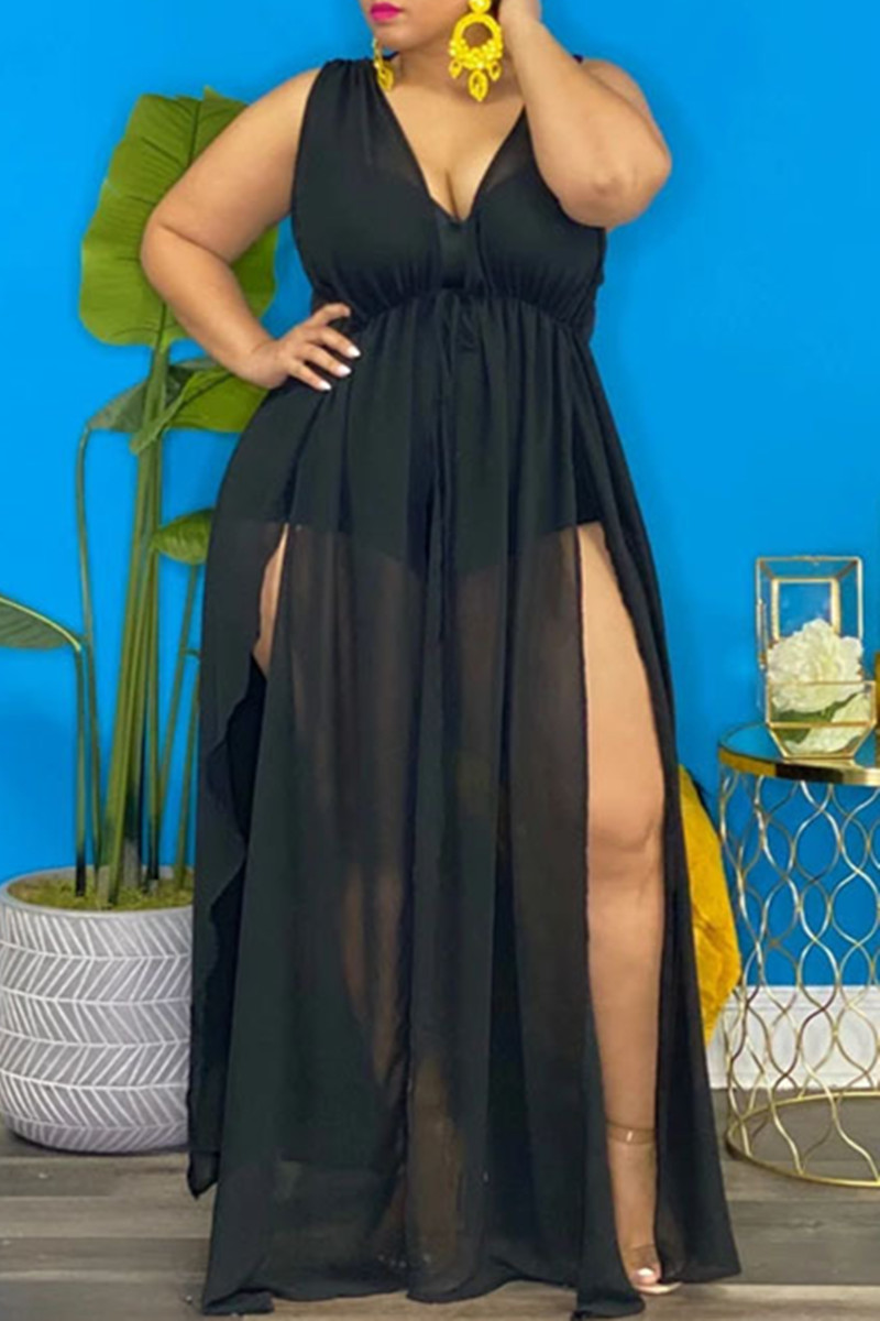 

Black Fashion Sexy Plus Size Solid See-through Slit V Neck Sleeveless Dress