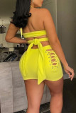 Yellow Sexy Solid Bandage Hollowed Out Patchwork Backless Halter Two Pieces