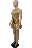 Gold Sexy Print Flounce Halter Trumpet Mermaid Dresses