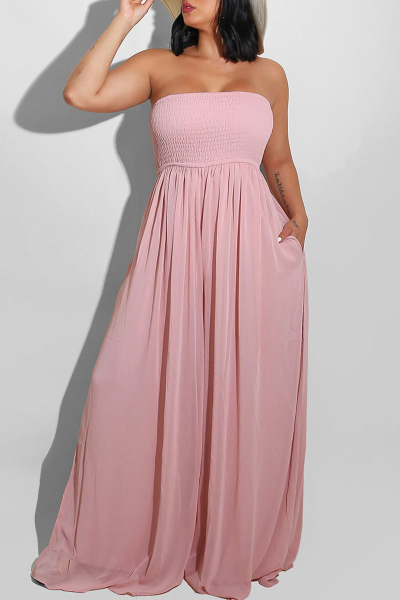 

Pink Sexy Casual Solid Backless Strapless Regular Jumpsuits