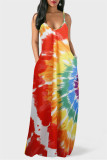 Multicolor Rainbow Fashion Sexy Print Backless Spaghetti Strap Long Loose Cami Maxi Dress