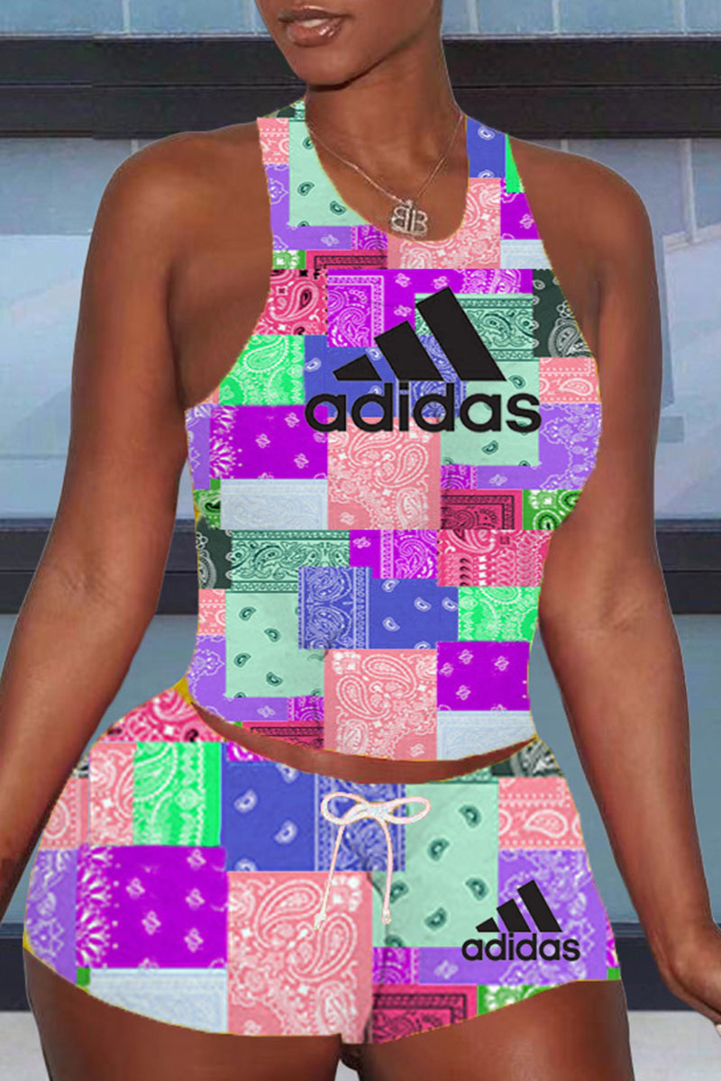 

Pink Fashion Casual Print Split Joint O Neck Sleeveless Two Pieces