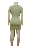 Light Green Fashion Solid Bandage O Neck Pencil Skirt Dresses