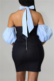 ブルー ファッション セクシー カジュアル ソリッド 包帯パッチワーク バックレス半袖ドレス