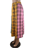 Yellow Fashion Casual Plaid Print Patchwork Regular High Waist Skirt