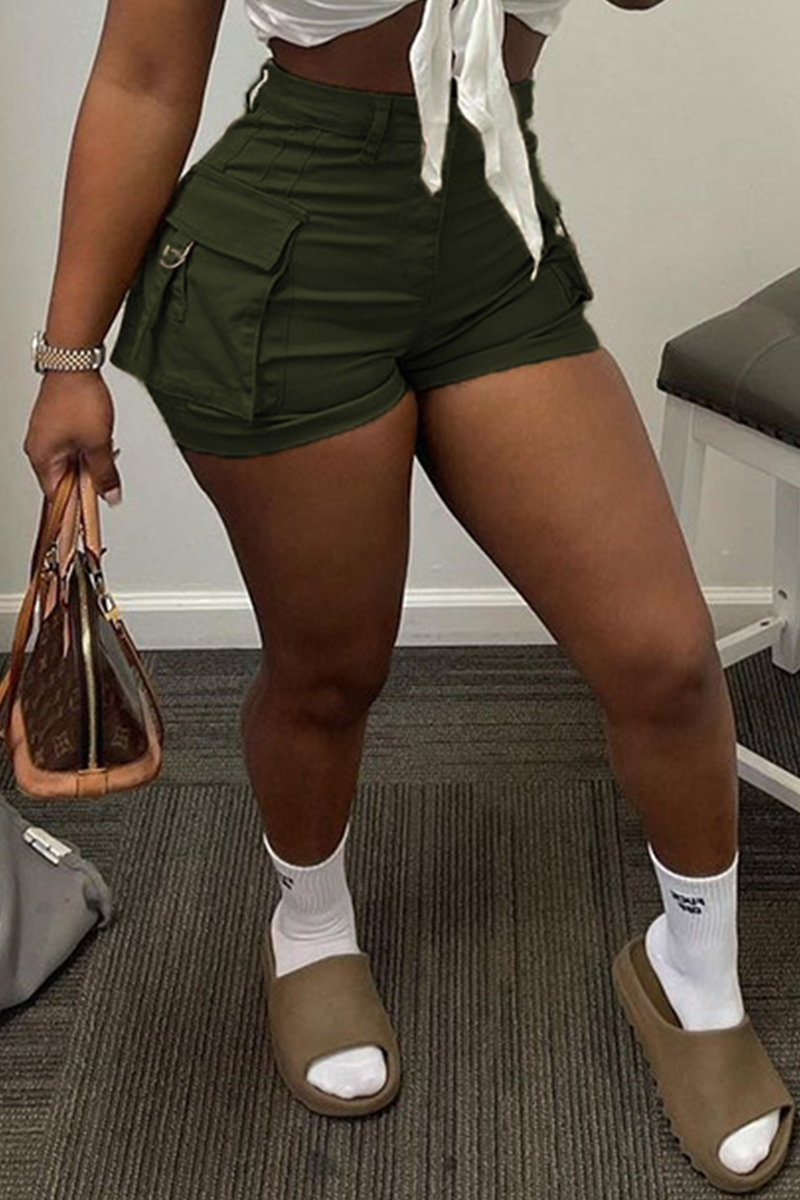 

Army Green Fashion Casual Solid Patchwork Regular High Waist Shorts
