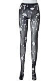 Silver Black Sexy Solid Split Joint See-through Regular High Waist Pencil Patchwork Bottoms