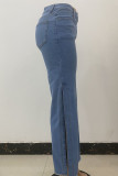 Blauwe casual effen denim jeans met split en hoge taille