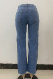 Blue Casual Solid Patchwork Slit High Waist Denim Jeans