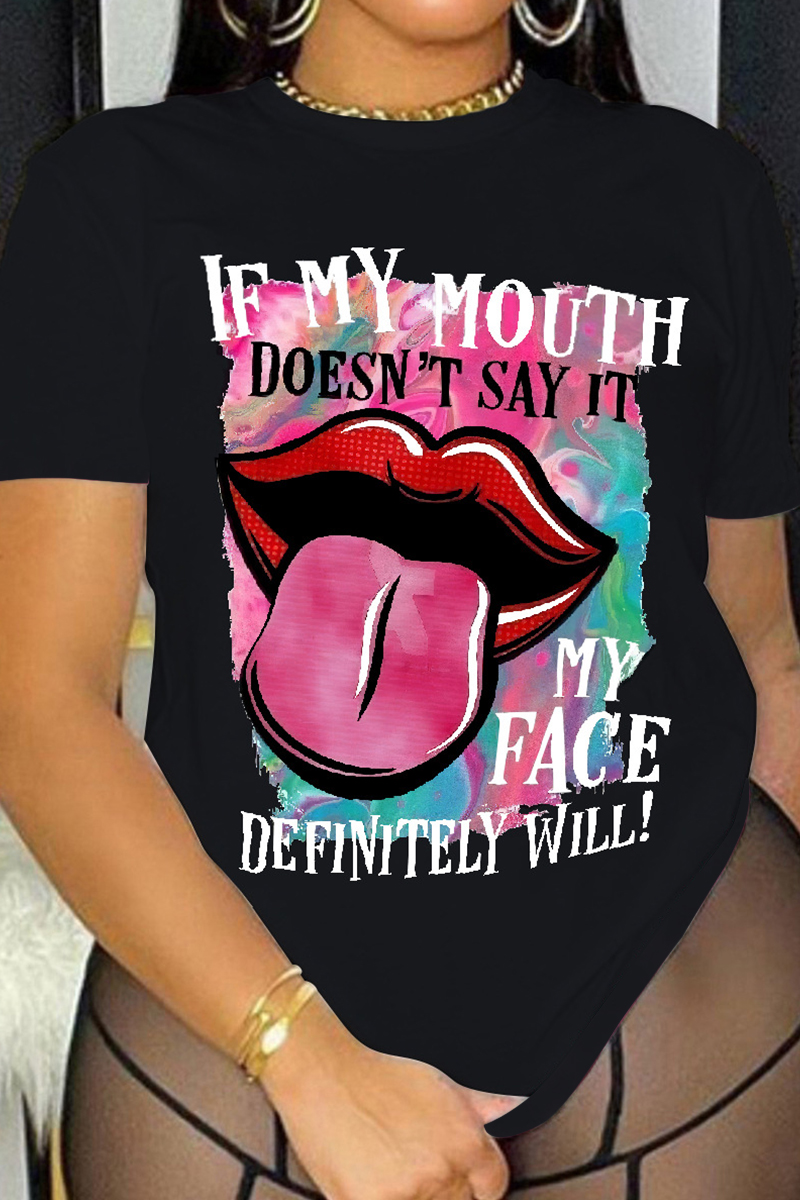 

Black Fashion Street Lips Printed Split Joint Letter O Neck T-Shirts