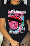Camisetas com estampa de retalhos de lábios pretos de moda com letra O no pescoço