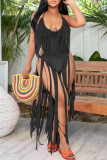 Khaki Sexy Solid Tassel Hollowed Out Patchwork Swimwears Cover Up