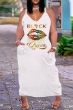 Weiß Rosa Mode Sexy Plus Size Casual Print Pocket Spaghetti Strap Langes Kleid