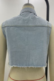 Giacca di jeans dritta senza maniche con colletto rovesciato asimmetrico con fibbia patchwork tinta unita casual di colore chiaro