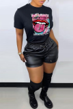 Black Fashion Street Lips bedrukte patchwork T-shirts met letter O-hals