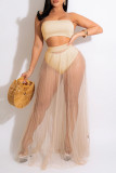 Apricot Sexy Solid Patchwork See-through Strapless Sleeveless Two Pieces