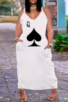 Белое модное сексуальное длинное платье больших размеров с принтом и карманом на тонких бретелях