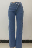 Jeans de mezclilla de cintura alta con abertura de patchwork sólido casual azul