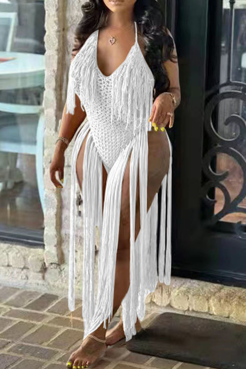 

White Sexy Solid Tassel Hollowed Out Split Joint Swimwears Cover Up