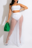 White Sexy Solid Patchwork See-through Strapless Sleeveless Two Pieces