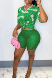 Green Fashion Sexy Letter Print See-through O Neck Short Sleeve Two Pieces