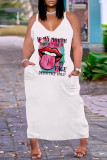 Weiße Mode Sexy Plus Size Casual Print Pocket Spaghetti Strap Langes Kleid