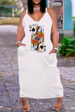 Weiße Mode Sexy Plus Size Casual Print Pocket Spaghetti Strap Langes Kleid