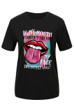 T-shirt con scollo O lettera patchwork stampata con labbra di strada nere di moda