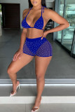 Royal Blue Sexy Solid Bandage Sequins Patchwork See-through Halter Sleeveless Two Pieces