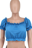 Blue Casual Solid Patchwork Off the Shoulder T-Shirts