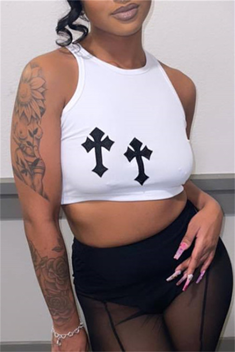 

White Fashion Casual Print Basic O Neck Tops
