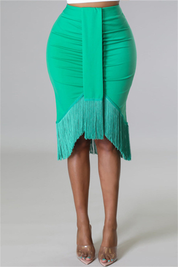 Falda casual de cintura alta regular con patchwork de borlas lisas de moda verde