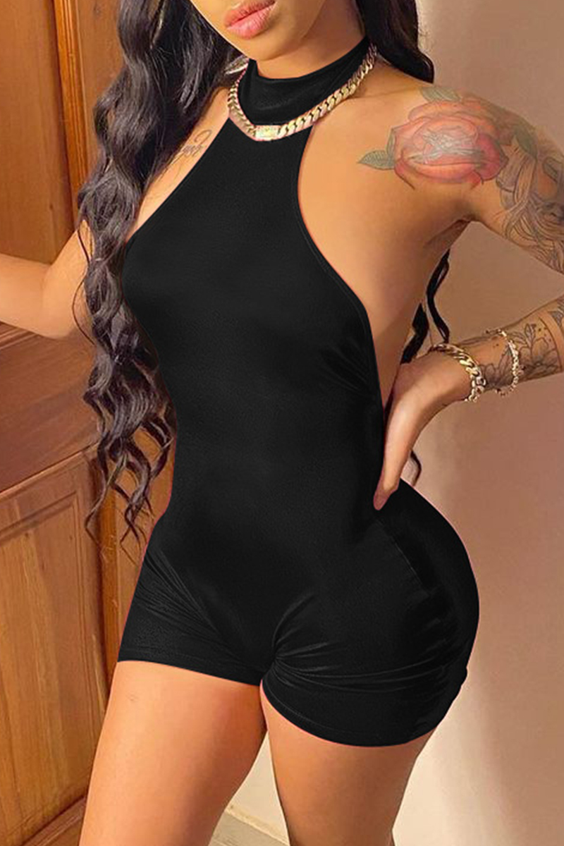 

Black Fashion Sexy Casual Solid Backless O Neck Skinny Romper