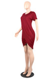Red Fashion Casual Solid Patchwork O Neck Short Sleeve Dress
