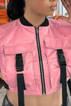 Rosafarbene, lässige, einfarbige Street-Patchwork-Oberteile mit Taschen und Reißverschluss