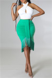 Falda casual de cintura alta regular con patchwork de borlas lisas de moda verde