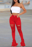 Jeans de mezclilla ajustados de cintura alta rasgados sólidos casuales de moda rojo