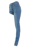 Blaue, modische, lässige, solide, asymmetrische Patchwork-Jeans mit hoher Taille und Röhrenjeans